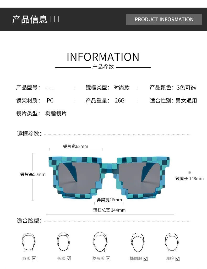 2021 New fashion Sun Glasses Hot Sale Sunglasses Creeper Glasses Novelty Mosaic Funny Goggles Boys Girls Pixel Eyewear
